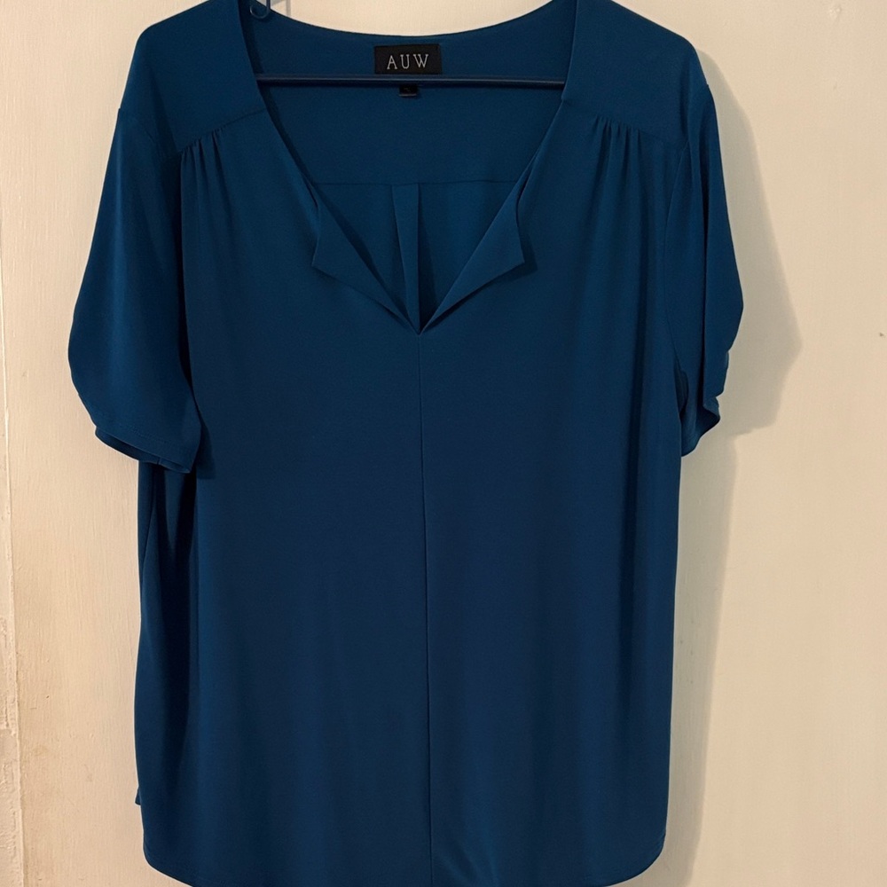 XL AUW Teal Blue V-Neck Short Sleeve Blouse